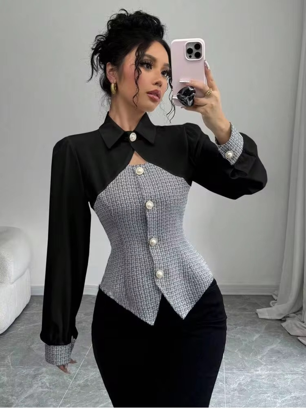 Chic Two-Tone Pearl Button Corset Blouse - Black & Gray